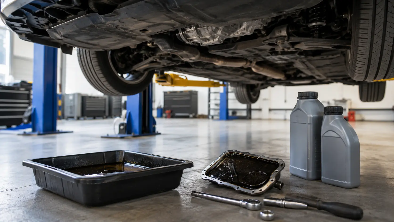 Mekaniker skifter gearkasseolie på bil hos Risbjerg Auto i Valby