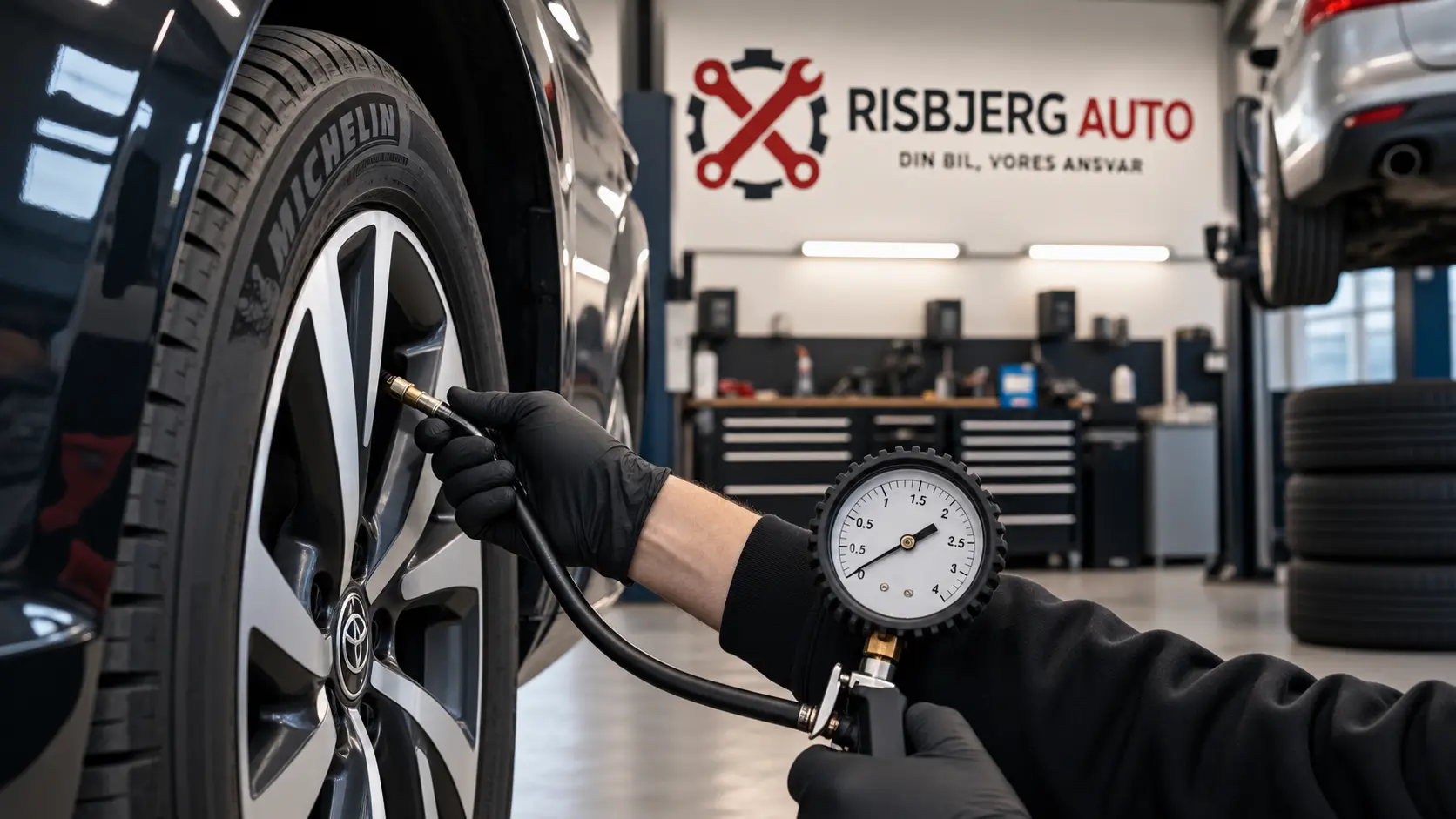 Dæktryk måles med manometer på et bildæk hos Risbjerg Auto