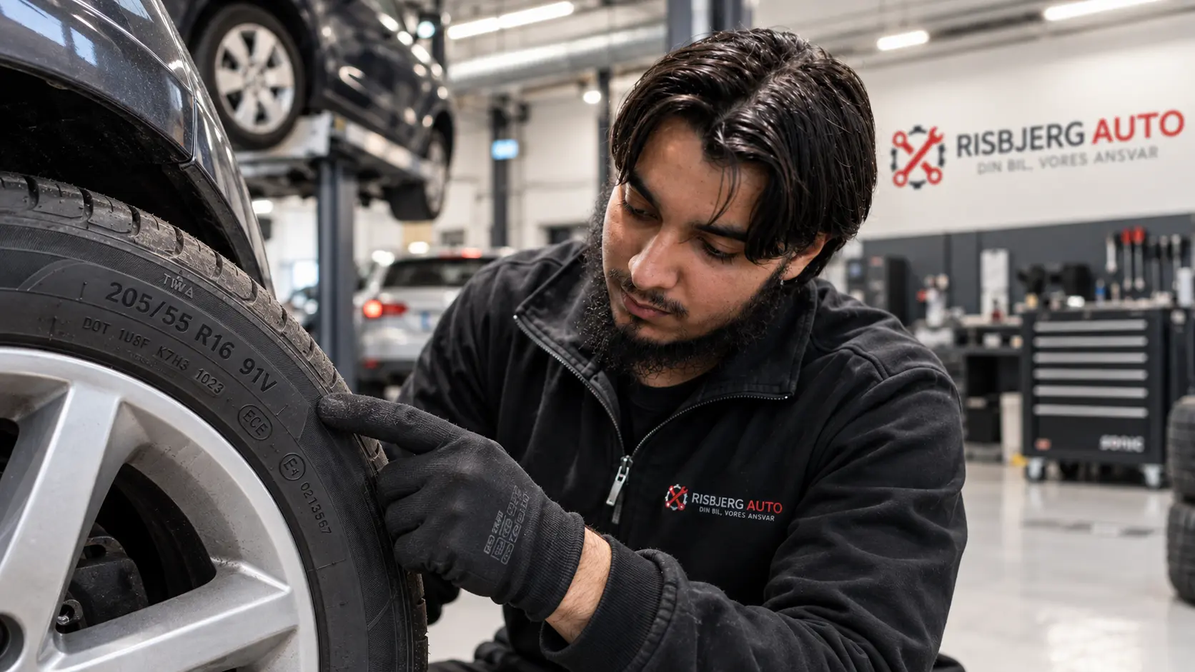 Mekaniker hos Risbjerg Auto aflæser størrelses- og DOT-koder på et bildæk