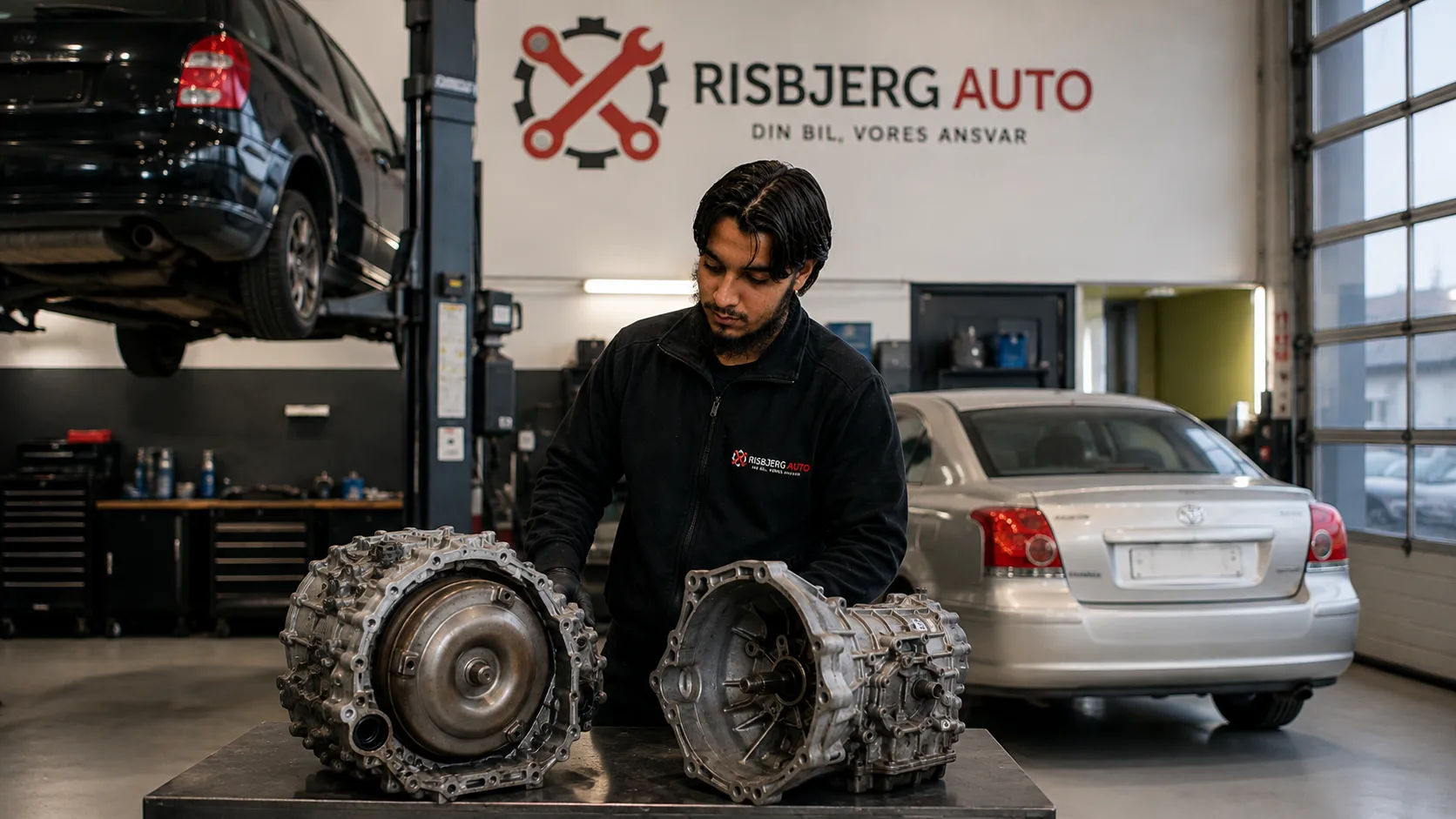 Mekaniker hos Risbjerg Auto i Valby sammenligner en automatgearkasse og en manuel gearkasse på værkstedet