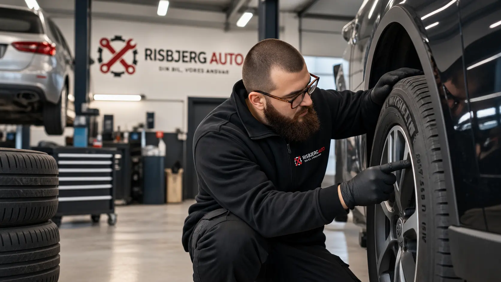 Mekaniker hos Risbjerg Auto kontrollerer mærkning og stand på et bildæk