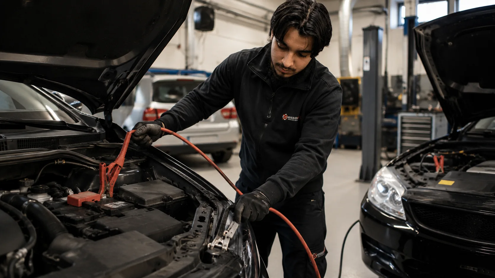 Mekaniker fra Risbjerg Auto tilslutter startkabler til et bilbatteri